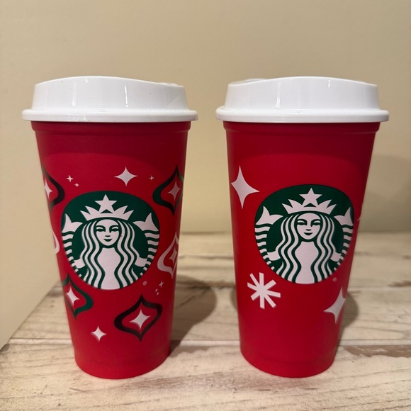 Two Starbucks Red Day Cups 1 25th Anniversary Limited Ed. Reusable 16oz w/ Lids - Picture 1 of 10